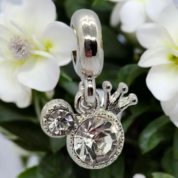 Mickey Mouse Ears Crown Hat Silver Zircon Bling Dangle Charm Pendant Bracelet - Picture 8 of 9